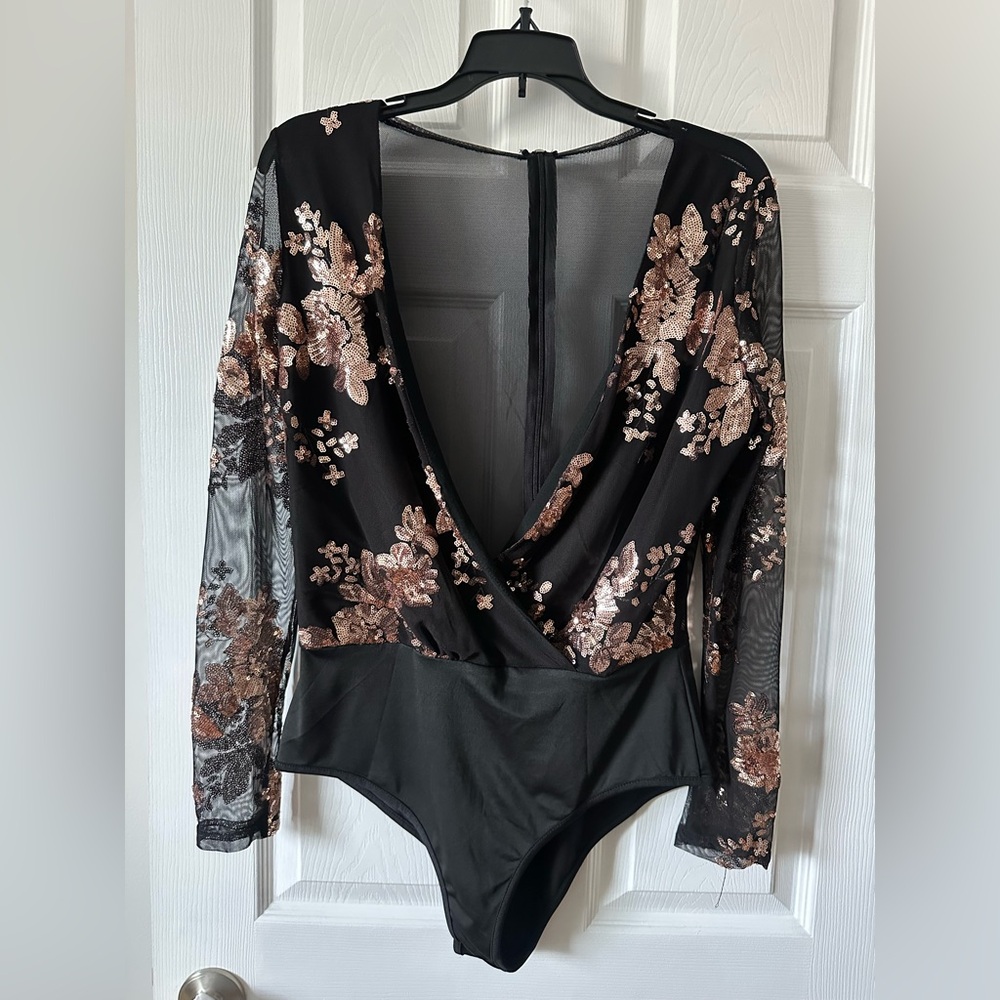 Elegant Black and Gold Floral Bodysuit